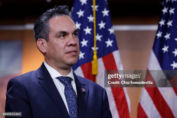 Rep. Pete Aguilar holds a news conference after he was elected House Democratic caucus chair for the 118th Congress at the U.S. Capitol Visitors...