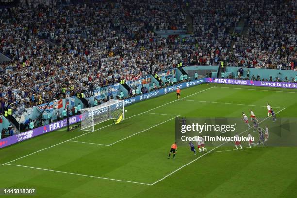 Lionel Messi of Argentina takes a penalty saved by Wojciech Szczesny of Poland during the FIFA World Cup Qatar 2022 Group C match between Poland and...