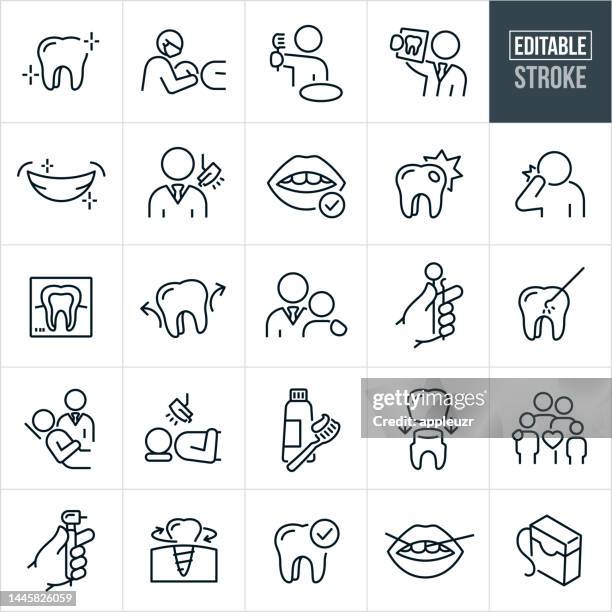 dental thin line icons - editable stroke - icons include dentists, dentistry, patient, person, dental treatment, human tooth, molar, oral hygiene, toothbrush, toothpaste, brushing teeth, periodontist, endodontist, dental exam, cavity - mouth hygiene brush stock illustrations