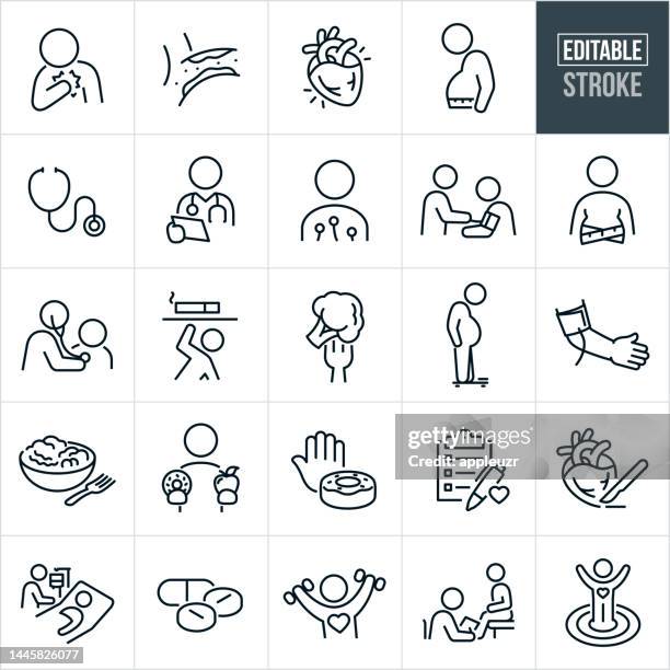 illustrations, cliparts, dessins animés et icônes de cardiologie icônes de ligne mince - trait modifiable - les icônes incluent cardiologie, cardiologue, maladie cardiovasculaire, athérosclérose, chirurgie cardiaque, hypertension, personne en surpoids, obésité, alimentation, exercice, prévention, cœu - artère humaine