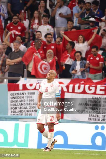 Wahbi Khazri of Tunisia celebrates his side's first goal during the FIFA World Cup Qatar 2022 Group D match between Tunisia and France at Education...