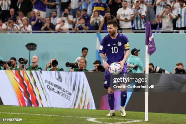 Lionel Messi of Argentina prepares to take a corner kick during the FIFA World Cup Qatar 2022 Group C match between Poland and Argentina at Stadium...