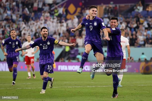 Julian Alvarez of Argentina celebrates after scoring their team's second goal during the FIFA World Cup Qatar 2022 Group C match between Poland and...