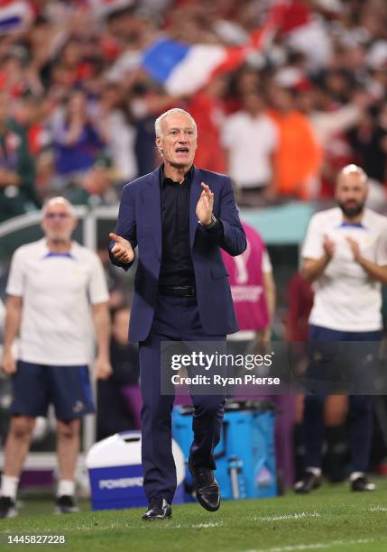 Didier Deschamps, Head Coach of France, reacts during the FIFA World Cup Qatar 2022 Group D match between Tunisia and France at Education City...