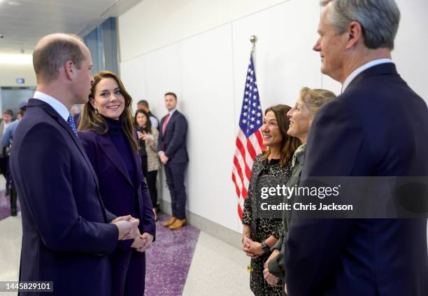 Prince William, Prince of Wales and Catherine, Princess of Wales are greeted by First Lady Lauren Baker and Governor Charlie Baker as they arrive at...