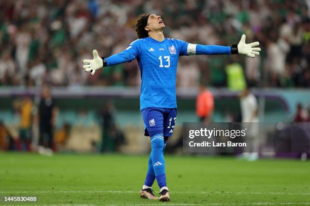 Guillermo Ochoa of Mexico reacts after his side's third goal is disallowed due to offside during the FIFA World Cup Qatar 2022 Group C match between...