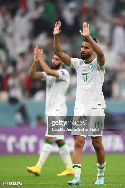Saleh Al-Shehri of Saudi Arabia applauds fans after the 1-2 loss the FIFA World Cup Qatar 2022 Group C match between Saudi Arabia and Mexico at...
