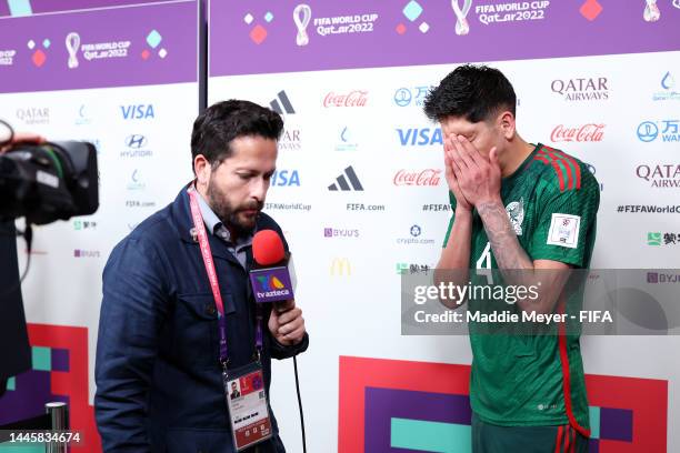 Edson Alvarez of Mexico reacts during the post match flash interview after the FIFA World Cup Qatar 2022 Group C match between Saudi Arabia and...