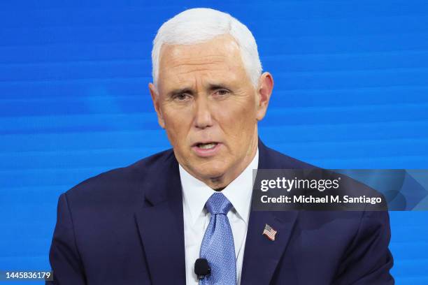 Former Vice President Mike Pence speaks during the New York Times DealBook Summit in the Appel Room at the Jazz At Lincoln Center on November 30,...