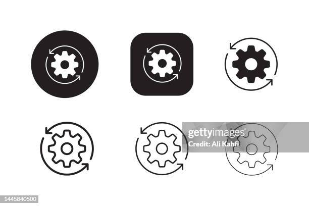 zahnräder und rotierender pfeil (symbol) - adaptable stock-grafiken, -clipart, -cartoons und -symbole