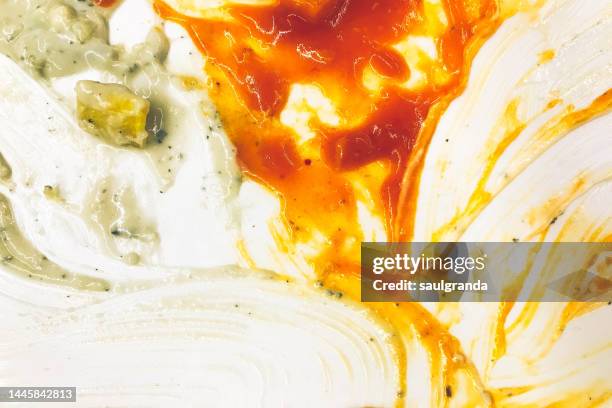 french fries with three sauces, after having eaten - dirty plate stock pictures, royalty-free photos & images