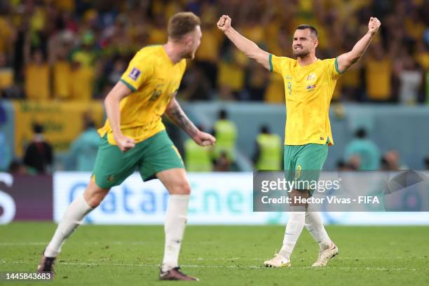 Bailey Wright of Australia celebrates after the 1-0 win during the FIFA World Cup Qatar 2022 Group D match between Australia and Denmark at Al Janoub...