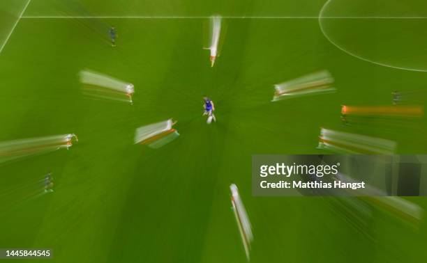 Lionel Messi of Argentina controls the ball surrounded by eight players of Poland during the FIFA World Cup Qatar 2022 Group C match between Poland...