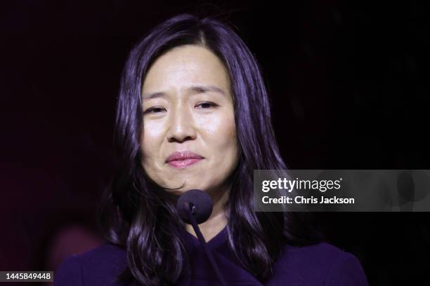 Mayor Michelle Wu speaks at the kick off for the Earthshot celebration at Speaker’s Corner by City Hall on November 30, 2022 in Boston,...