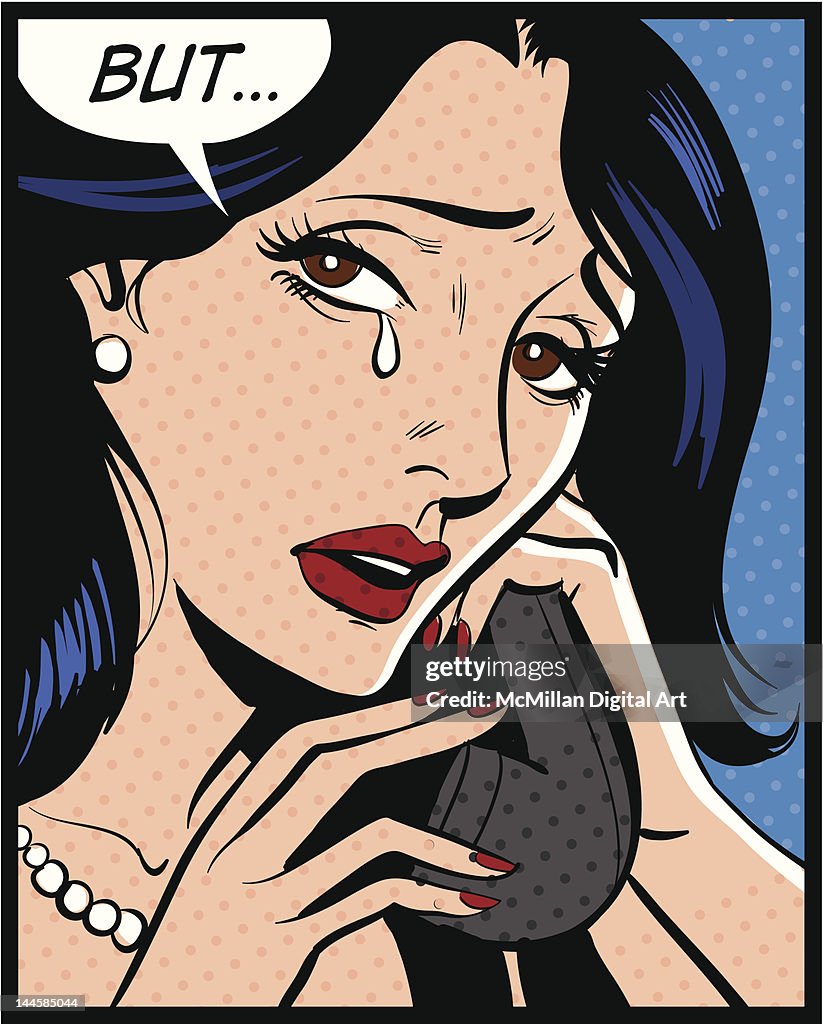 Woman talking on telephone, crying