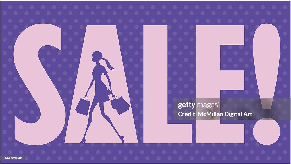 Sale text with woman carrying shopping bags
