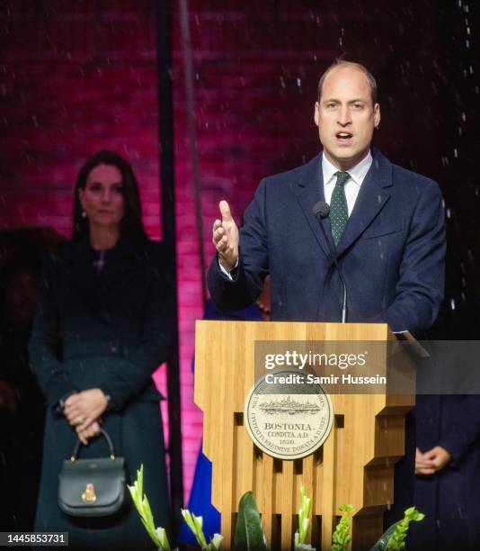 Prince William, Prince of Wales gives a speech as Catherine, Princess of Wales looks on as htey formally kick off Earthshot celebrations by lighting...