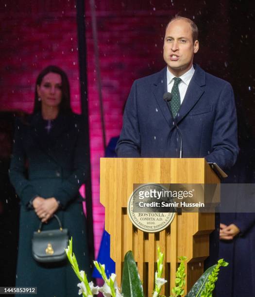 Prince William, Prince of Wales gives a speech as Catherine, Princess of Wales looks on as htey formally kick off Earthshot celebrations by lighting...
