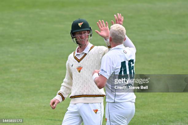 Jordan Silk and Peter Siddle of the Tigers celebrate the wicket of Henry Hunt of the Redbacks during the Sheffield Shield match between Tasmania and...