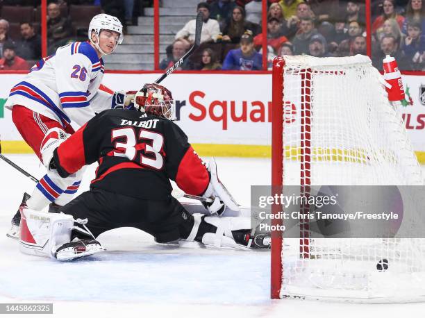 Jimmy Vesey of the New York Rangers scores against Cam Talbot of the Ottawa Senators during the first period at Canadian Tire Centre on November 30,...