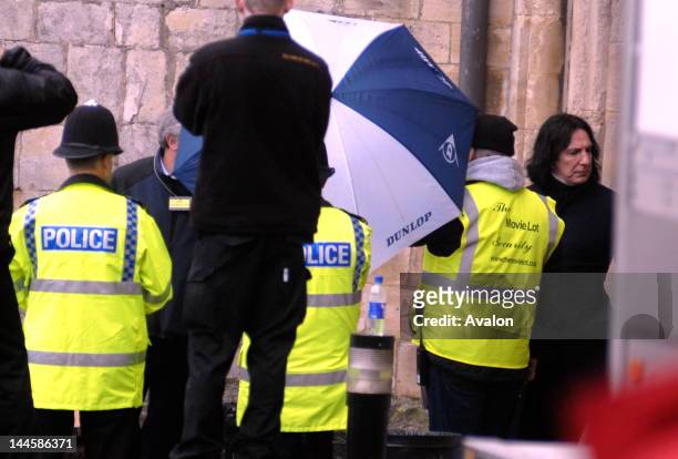 Alan Rickman on set of the final Harry Potter film " Harry Potter and the Half-Blood Prince" at Gloucester Cathedral.; - 7th February 2008; 38625;