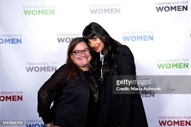 Renee Connolly and Jameela Jamil pose foro a photo during 2022 Massachusetts Conference For Women at Boston Convention Center on November 30, 2022 in...
