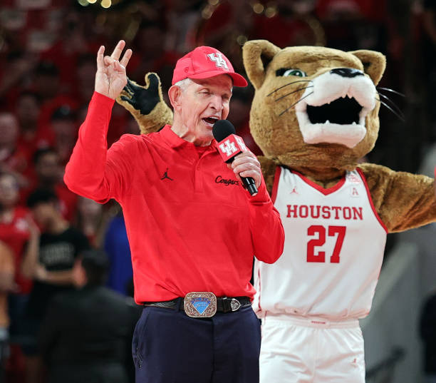 Jim "Mattress Mack" McIngvale hypes the crowd as the Norfolk State Spartans play the Houston Cougars at Fertitta Center on November 29, 2022 in...