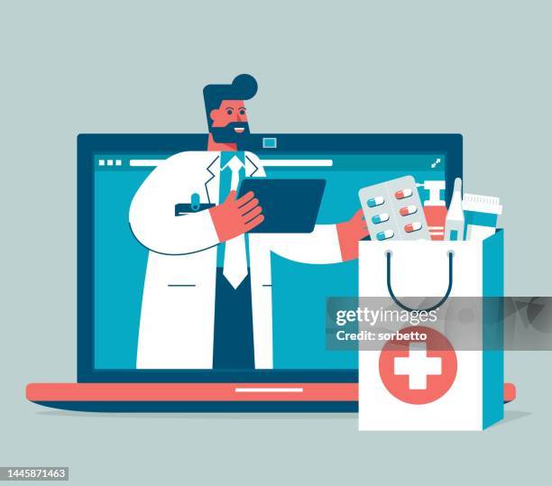 ilustraciones, imágenes clip art, dibujos animados e iconos de stock de medicina en línea - laptop - drug delivery