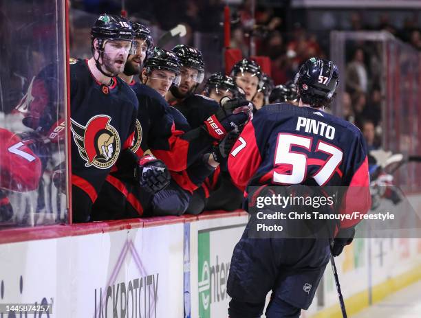 Shane Pinto of the Ottawa Senators celebrates his second period goal against the New York Rangers at Canadian Tire Centre on November 30, 2022 in...