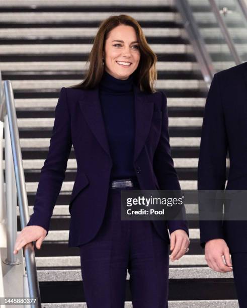 Catherine, Princess of Wales arrives at Logan International Airport on November 30, 2022 in Boston, Massachusetts. The Prince and Princess of Wales...