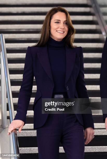 Catherine, Princess of Wales arrives at Logan International Airport on November 30, 2022 in Boston, Massachusetts. The Prince and Princess of Wales...