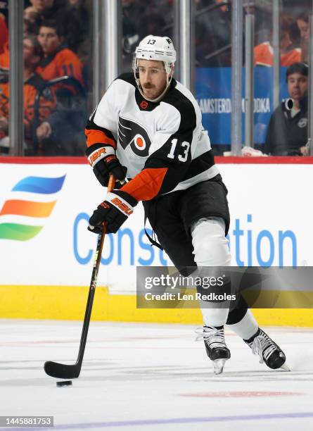 Kevin Hayes of the Philadelphia Flyers skates the puck against the Pittsburgh Penguins at the Wells Fargo Center on November 25, 2022 in...