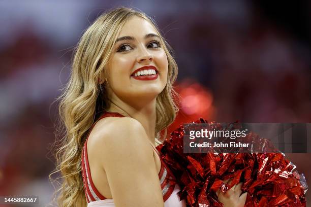 Wisconsin Badger dance team member entertains crowd during a timeout in the game during the game between the Wisconsin Badgers and the Wake Forest...
