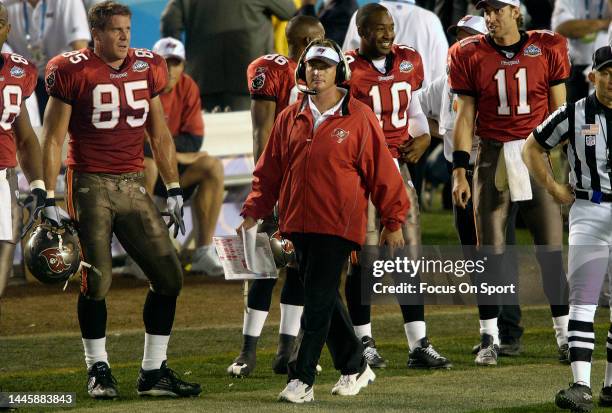 Head coach Jon Gruden of the Tampa Bay Buccaneers looks on from the sidelines against the Oakland Raiders in Super Bowl XXXVII at Qualcomm Stadium on...