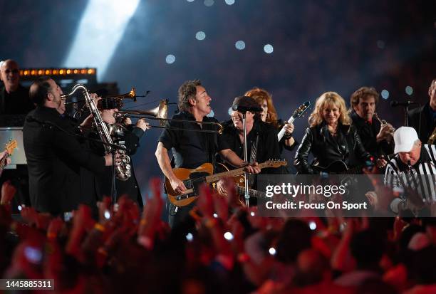 Bruce Springsteen and the E Street Band perform at the Bridgestone Halftime Show during Super Bowl XLIII between the Arizona Cardinals and the...