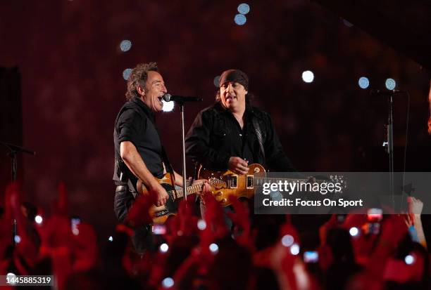 Bruce Springsteen and the E Street Band perform at the Bridgestone Halftime Show during Super Bowl XLIII between the Arizona Cardinals and the...