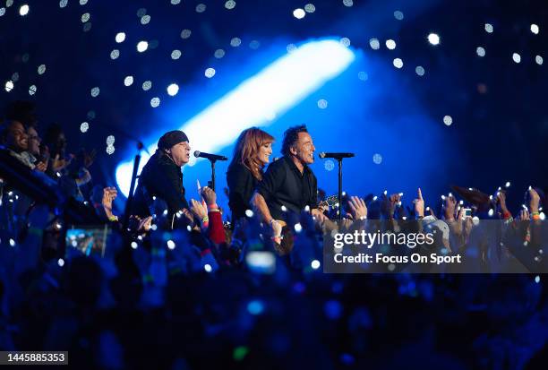 Bruce Springsteen and the E Street Band perform at the Bridgestone Halftime Show during Super Bowl XLIII between the Arizona Cardinals and the...