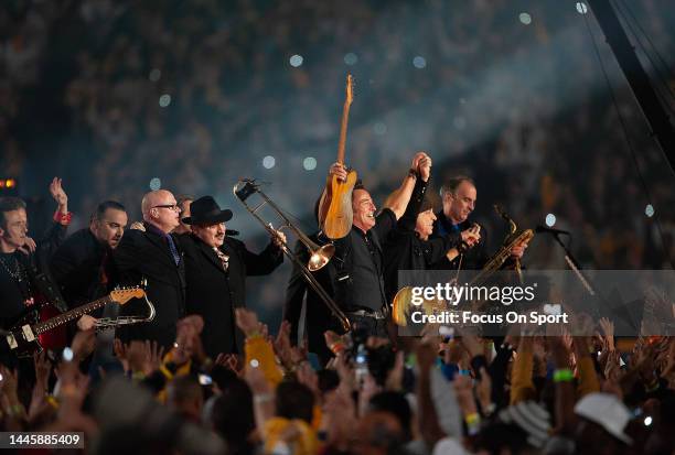 Bruce Springsteen and the E Street Band perform at the Bridgestone Halftime Show during Super Bowl XLIII between the Arizona Cardinals and the...