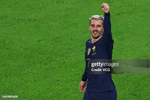 Antoine Griezmann of France celebrates after scoring his team's first goal which was later disallowed after a VAR review due to an offside position...