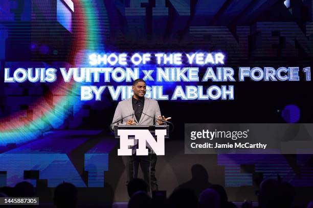 Honoree Ronnie Fieg accepts the Shoe of the Year award onstage during the 2022 Footwear News Achievement Awards at Cipriani South Street on November...