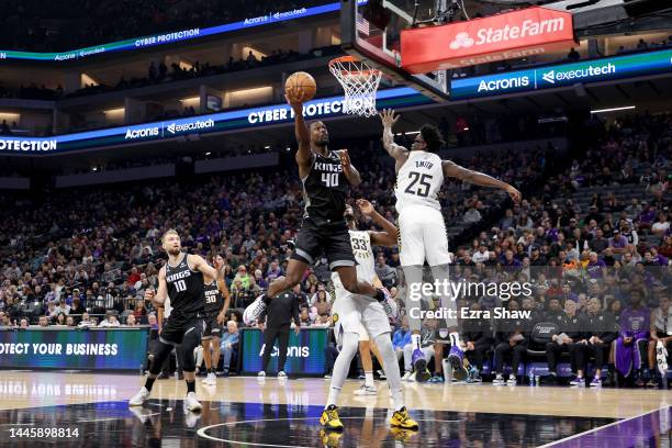 Harrison Barnes of the Sacramento Kings goes up for a shot on Jalen Smith of the Indiana Pacers at Golden 1 Center on November 30, 2022 in...