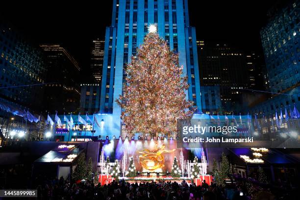 View of the Rockefeller Center Christmas Tree, with Swarovski Star atop, during the 2022 Rockefeller Center Christmas Tree Lighting Ceremony at...