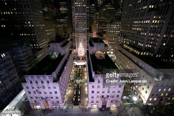 View of the Rockefeller Center Christmas Tree, with Swarovski Star atop, during the 2022 Rockefeller Center Christmas Tree Lighting Ceremony at...