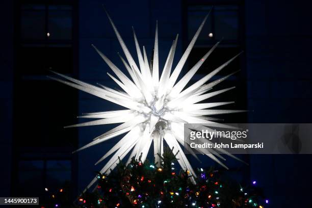 View of the Swarovski Star atop the Rockefeller Center Christmas Tree during the 2022 Rockefeller Center Christmas Tree Lighting Ceremony at...