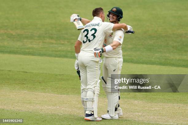 Marnus Labuschange of Australia celebrates with Steve Smith of Australia after reaching his double century during day two of the First Test match...