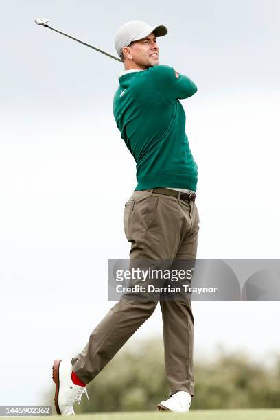 Adam Scott plays his second shot on the 3rd hole during Day 1 of the 2022 ISPS HANDA Australian Open at Kingston Heath on December 01, 2022 in...
