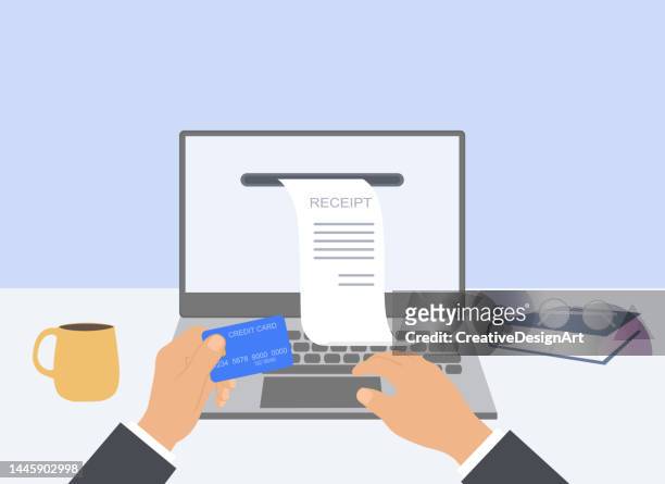 online payment concept with electronic receipt on laptop screen. financial transaction and digital bill - electronic form stock illustrations