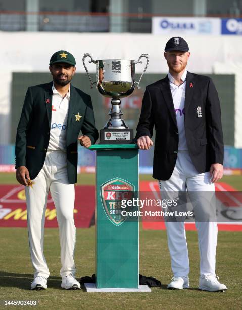 Pakistan captain Babar Azam and England captain Ben Stokes pose with the series trophy ahead of the First Test Match between Pakistan and England at...