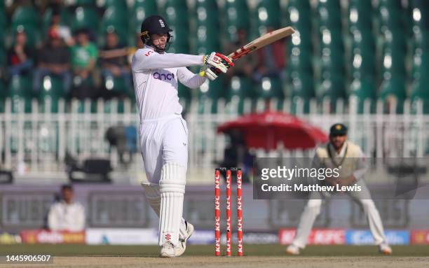 Zak Crawley of England bats during the First Test Match between Pakistan and England at Rawalpindi Cricket Stadium on December 01, 2022 in...