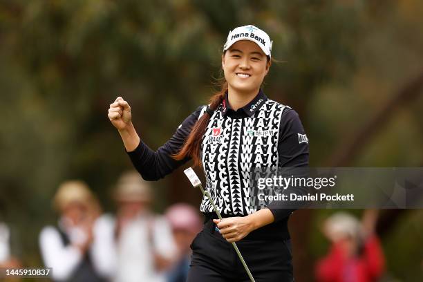 Minjee Lee of Australia celebrates a putt during Day 1 of the 2022 ISPS HANDA Australian Open at Victoria Golf Club December 01, 2022 in Melbourne,...